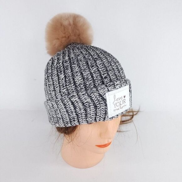 Love Your Melon Pompom Cuffed Beanie USA Made Black white Knit winter hat Beanie main image 8